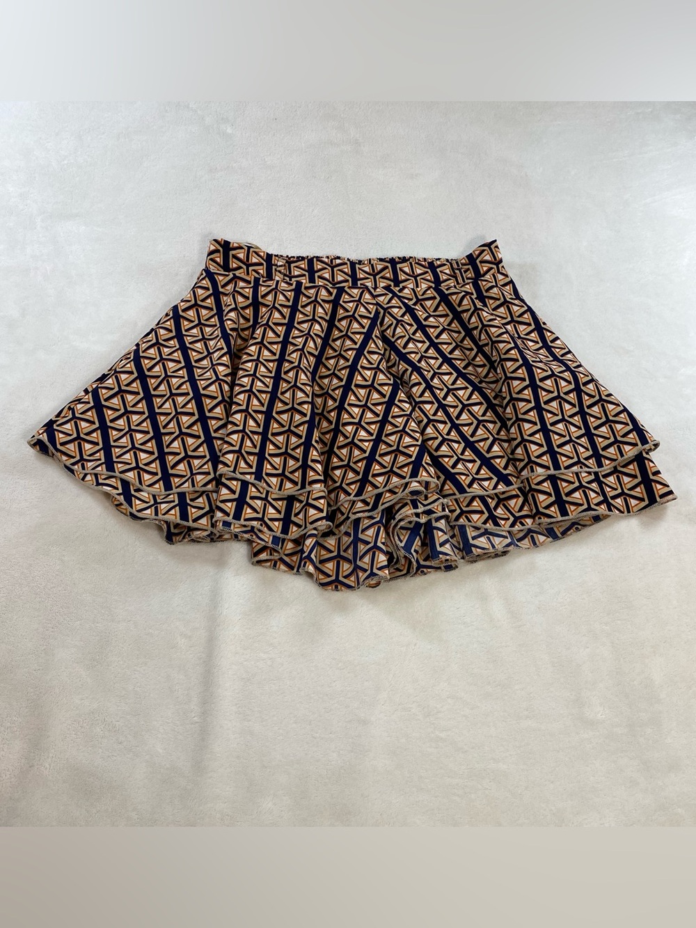 Poema Tiered Ruffle Geometric Mini Skort Navy Orange Tan Medium